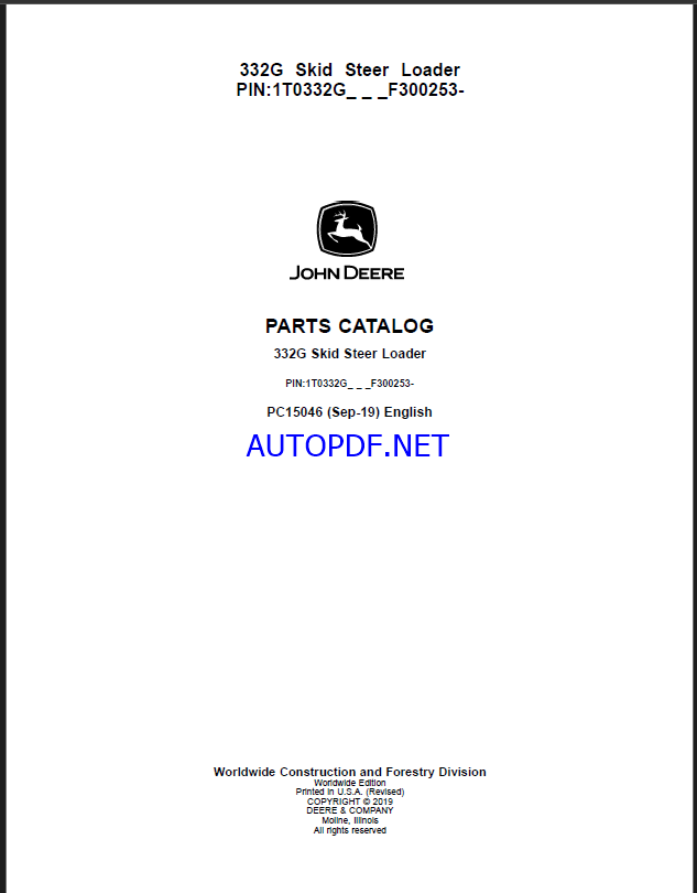 John Deere 332G Skid Steer Loader Parts Catalog (PC15046)