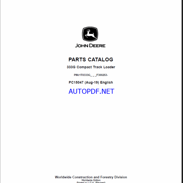 John Deere 333G Compact Track Loader Parts Catalog (PC15047)