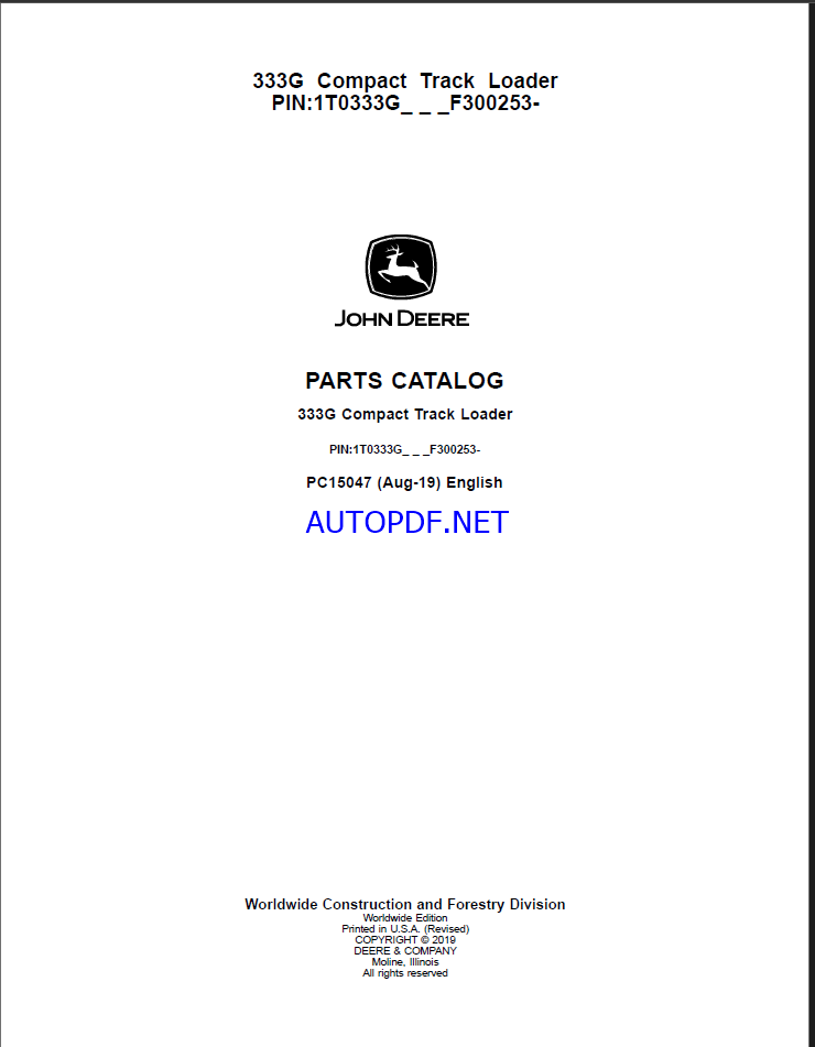 John Deere 333G Compact Track Loader Parts Catalog (PC15047)