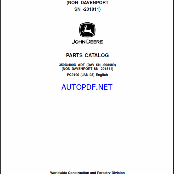 John Deere 350D, 400D ARTICULATED DUMP TRUCK Parts Catalog