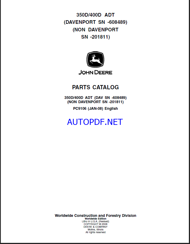 John Deere 350D, 400D ARTICULATED DUMP TRUCK Parts Catalog