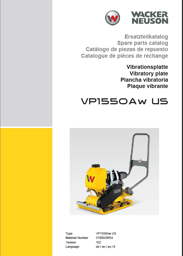 Wacker Neuson VP1550Aw US Vibratory Plate Parts Manual