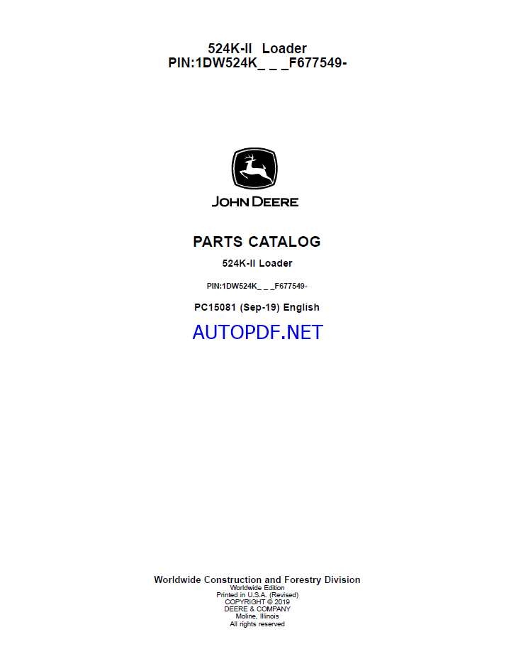 John Deere 524K-II Loader Parts Catalog (PC15081)