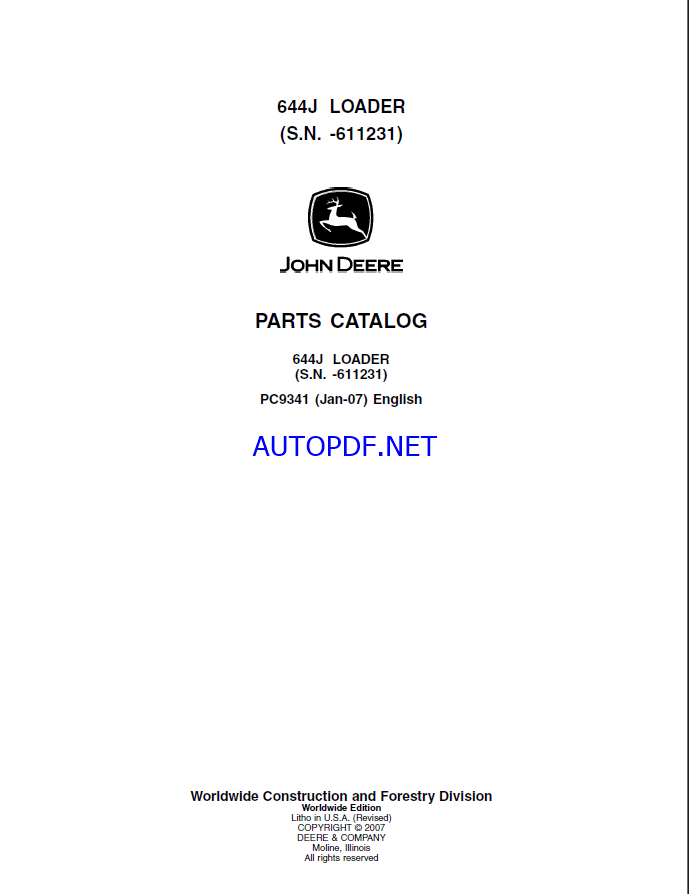 John Deere 644H Loader Parts Catalog