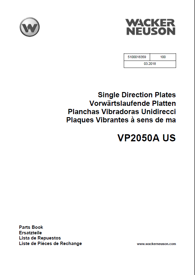 Wacker Neuson VP2050A US Single Direction Plates Parts Manual