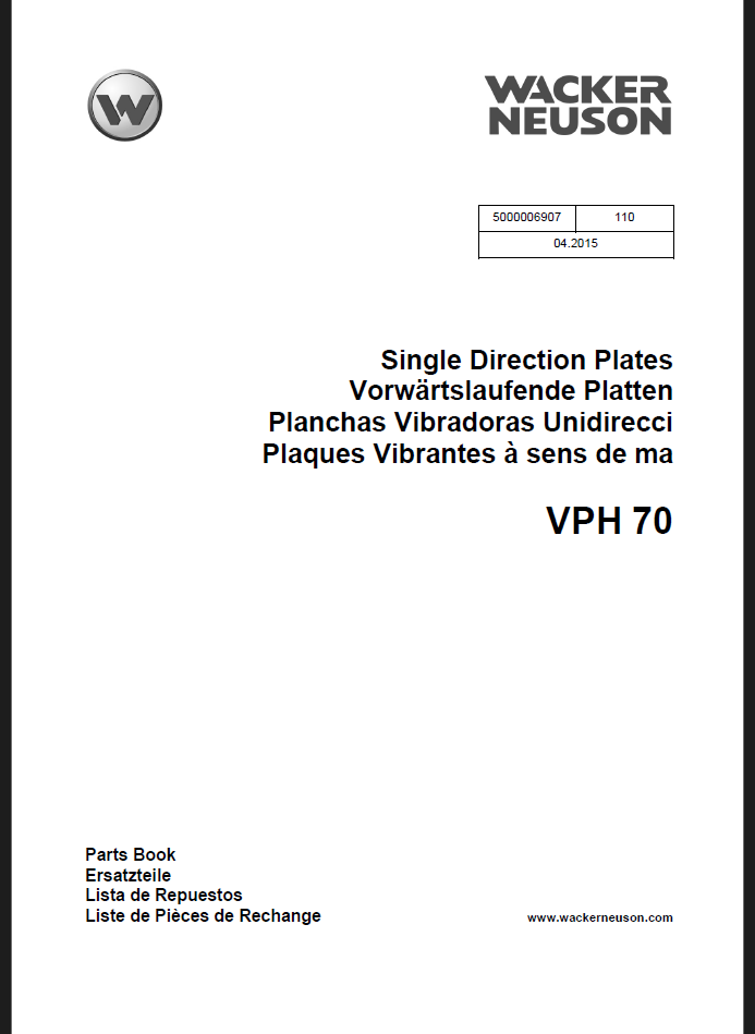 Wacker Neuson VPH70 Single Direction Plates Parts Manual