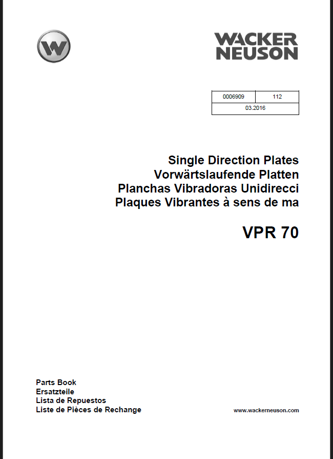 Wacker Neuson VPR70 Single Direction Plates Parts Manual