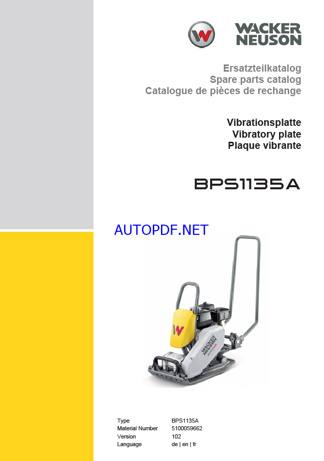 Wacker Neuson BPS1135A Vibratory Plate Parts Manual