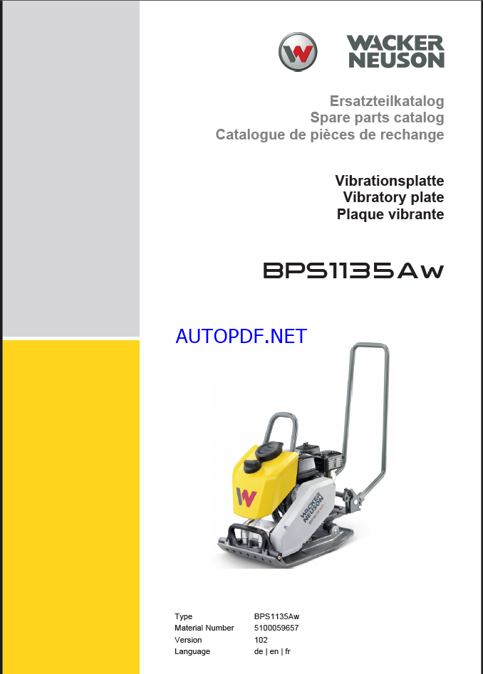 Wacker Neuson BPS1135Aw Vibratory Plate Parts Manual