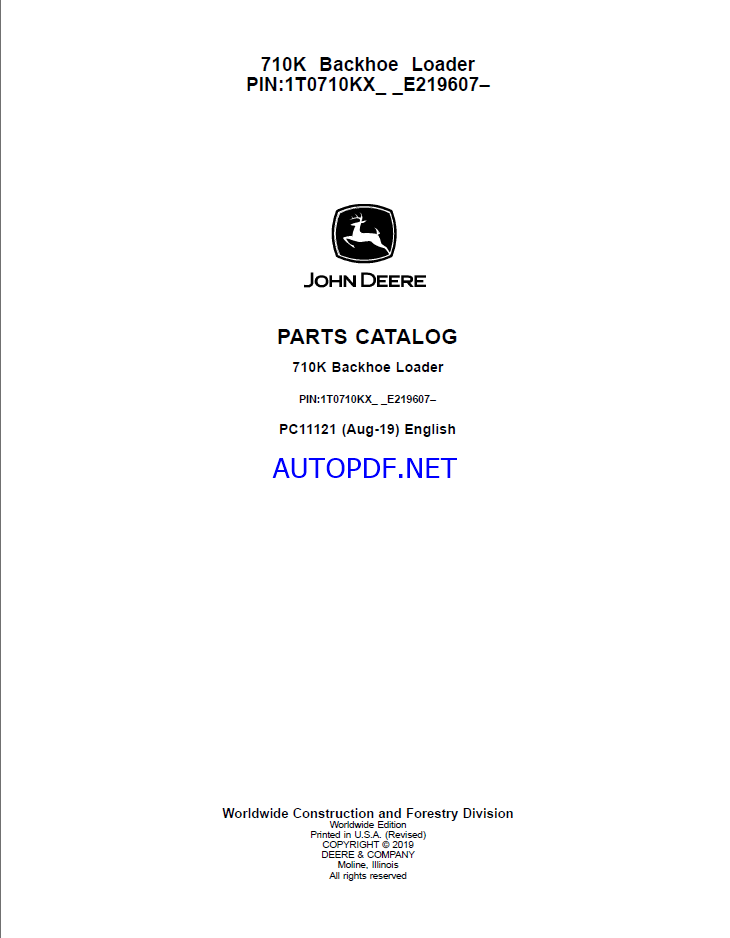John Deere 710K Backhoe Loader Parts Catalog (PC11121)