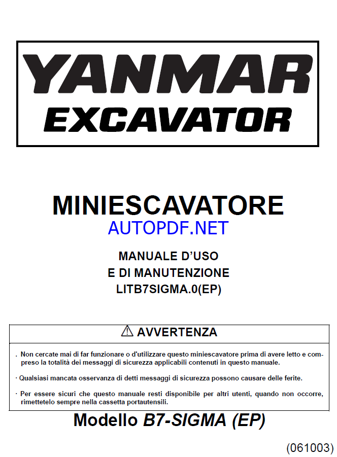 YANMAR B7 MANUALE D’USO E DI MANUTENZIONE