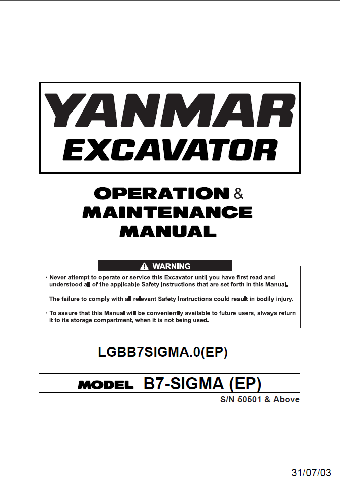 YANMAR B7 OPERATION & MAINTENANCE MANUAL