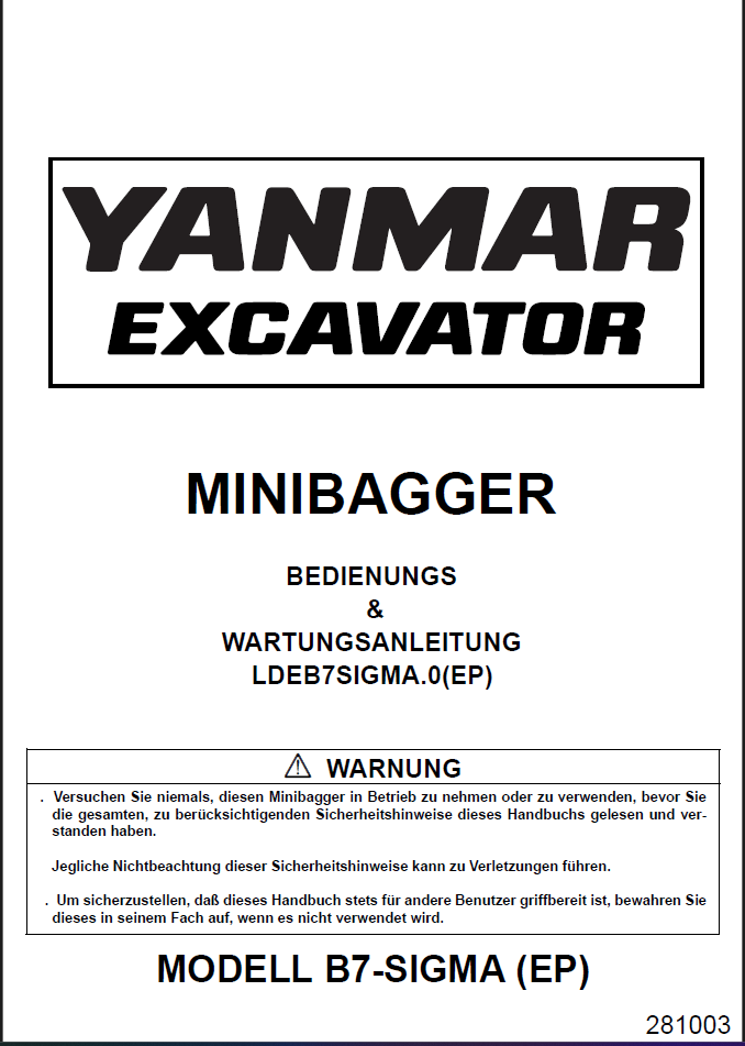 YANMAR B7(DE) BEDIENUNGS & WARTUNGSANLEITUNG