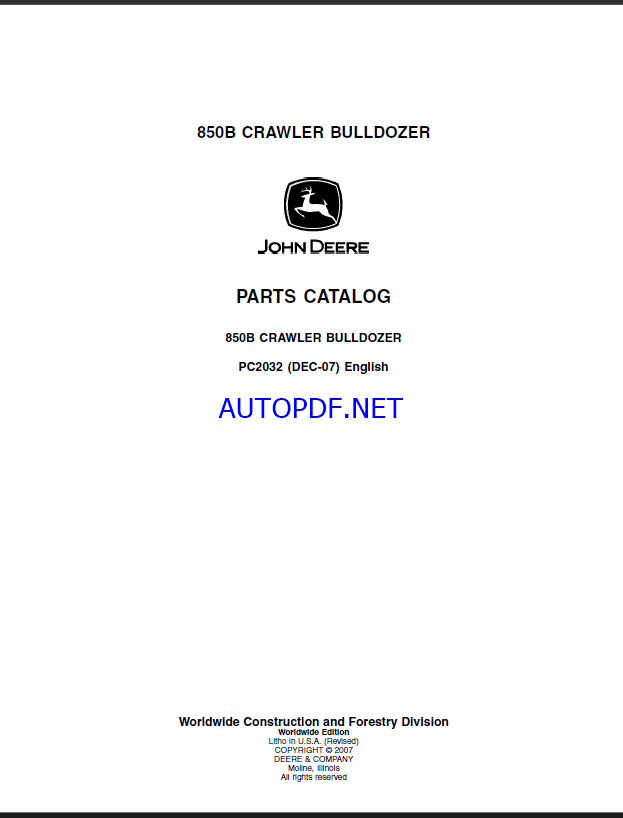 John Deere 850B CRAWLER BULLDOZER Parts Catalog
