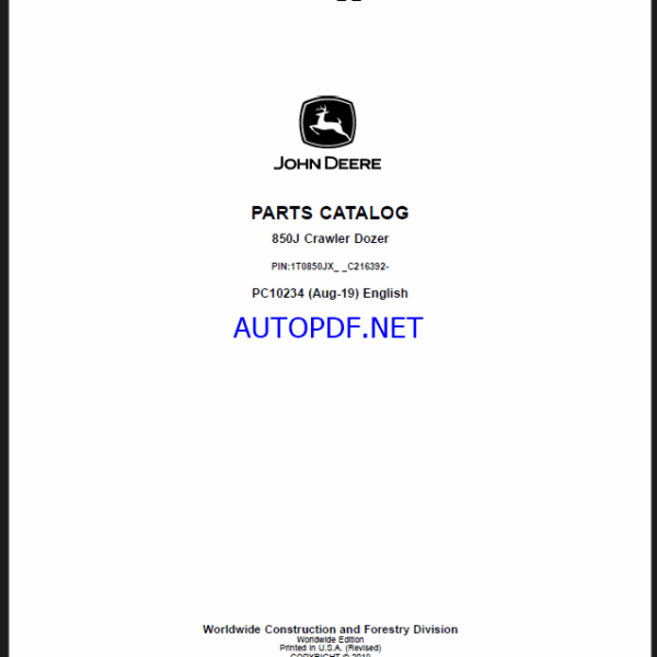 John Deere 850J Crawler Dozer Parts Catalog (PC10234)