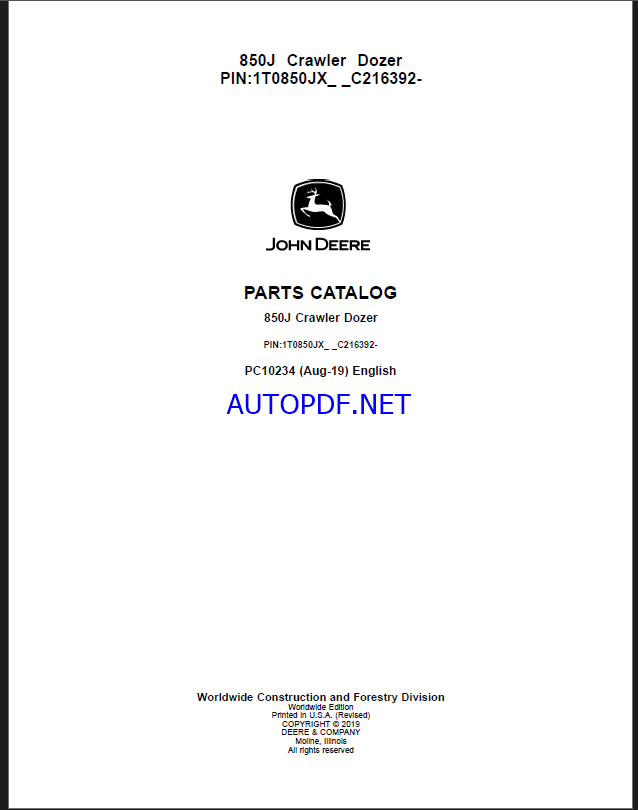 John Deere 850J Crawler Dozer Parts Catalog (PC10234)