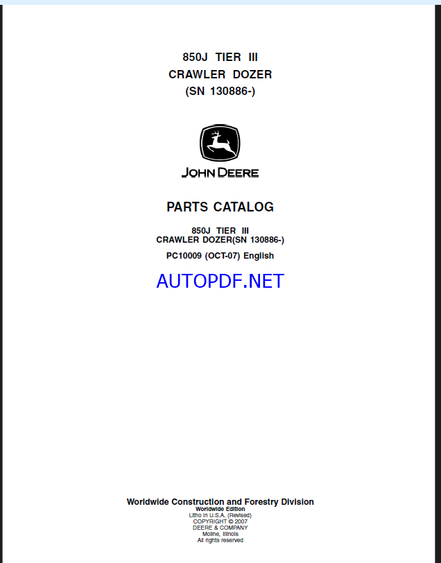 John Deere 850J TIER III CRAWLER DOZER Parts Catalog