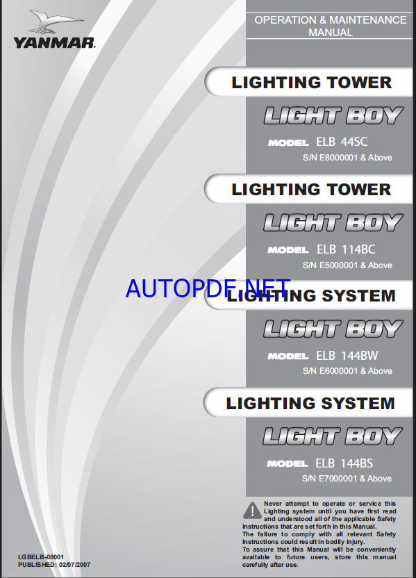 YANMAR ELB 44SC, ELB 114BC, ELB 144BW, ELB 144BS OPERATION & MAINTENANCE MANUAL