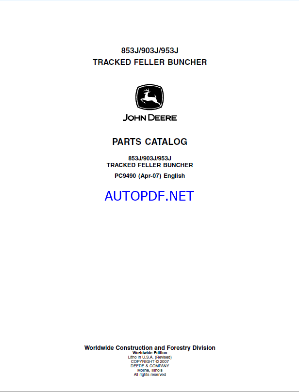 John Deere 853J, 903J, 953J Track Feller Buncher Parts Catalog