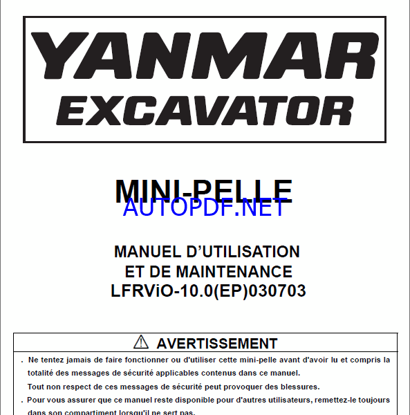 YANMAR VIO10 MANUEL D’UTILISATION ET DE MAINTENANCE