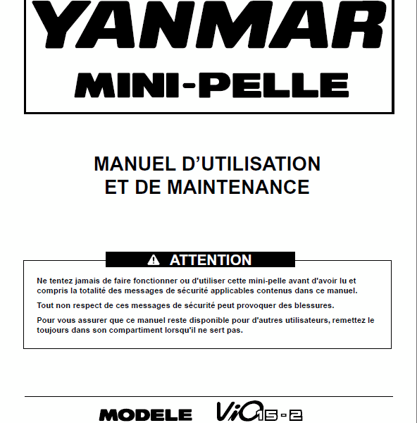 YANMAR VIO15 MANUEL MANUEL D’UTILISATION ET DE MAINTENANCE