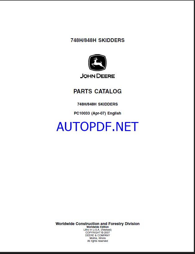 John Deere 748H, 848H SKIDDERS Parts Catalog (PC10033 (Apr-07)