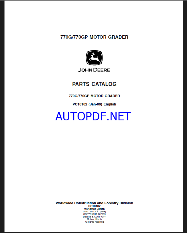 John Deere 770G, 770GP MOTOR GRADER Parts Catalog
