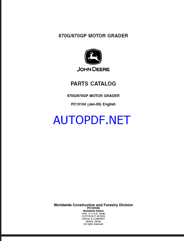 John Deere 870G, 870GP MOTOR GRADER Parts Catalog