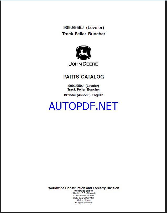 John Deere 909J, 959J (Leveler) Track Feller Buncher Parts Catalog