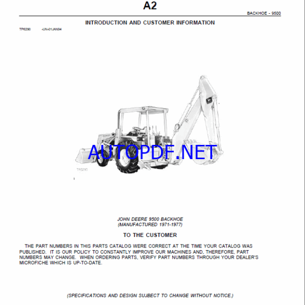 John Deere 9500 Backhoe Loader Parts Manual