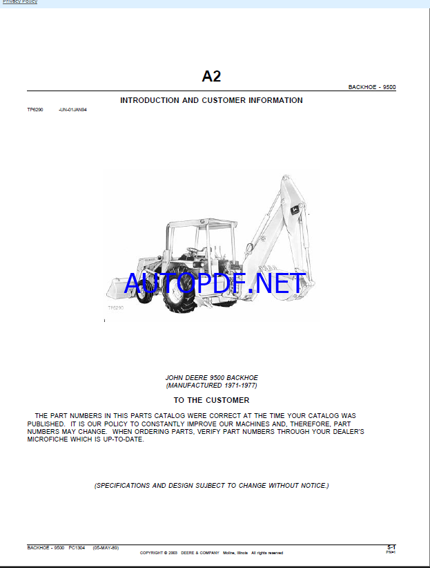 John Deere 9500 Backhoe Loader Parts Manual