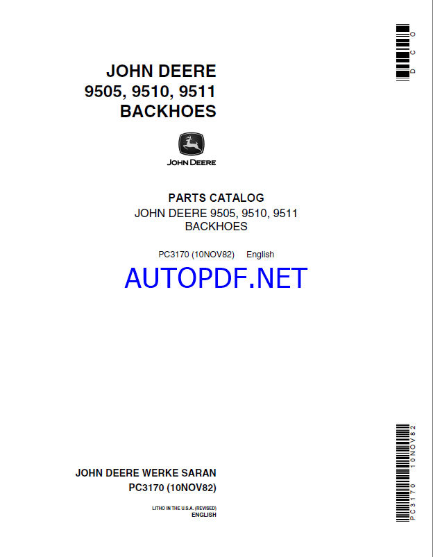 John Deere 9505, 9510, 9511 BACKHOES Parts Catalog