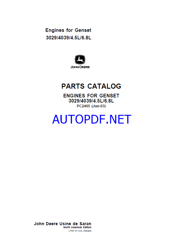 John Deere Engines for Genset 3029, 4039, 4.5L, 6.8L Parts Catalog