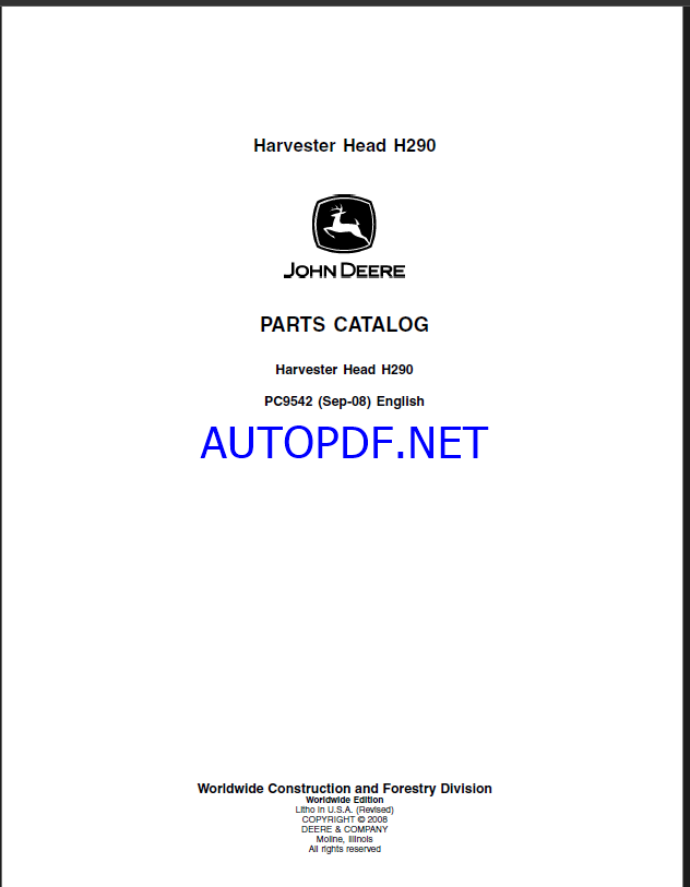 John Deere Harvester Head H290 Parts Catalog