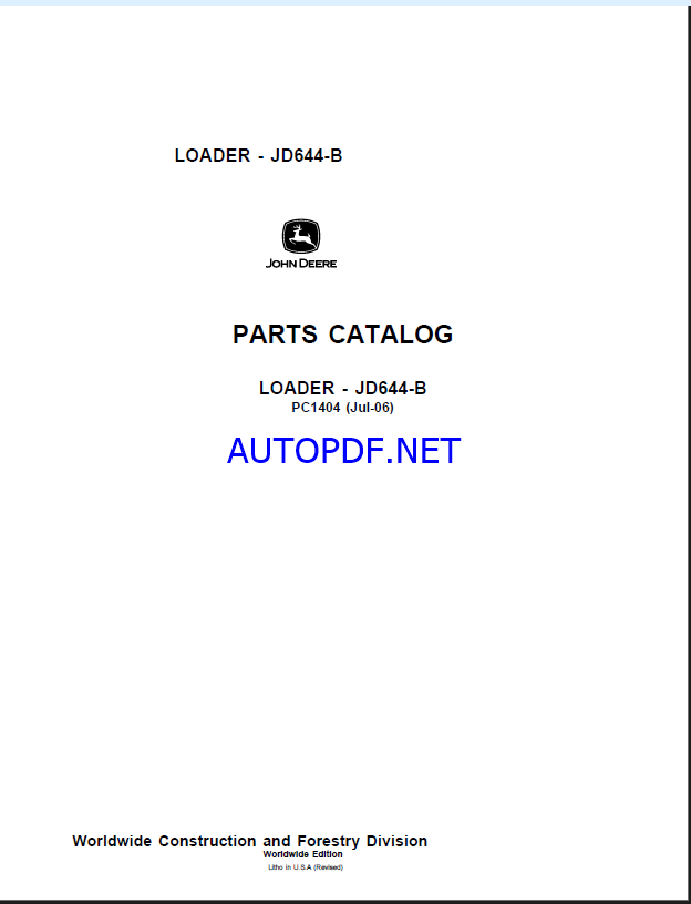 John Deere JD644-B LOADER Parts Catalog