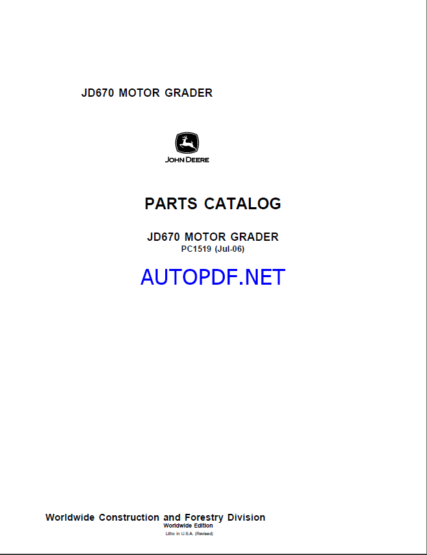John Deere JD670 MOTOR GRADER Parts Catalog