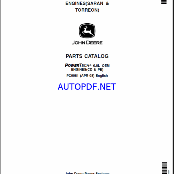 John Deere PowerTech 6.8L 6068HF 275 HF475 TF275 OEM ENGINES(SARAN & TORREON) Parts Catalog (PC9081)