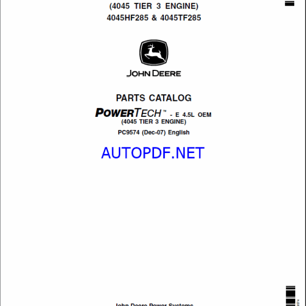 John Deere POWERTECH E 4.5L OEM (4045 TIER 3 ENGINE) PC9574 (Dec-07) English Parts Catalog