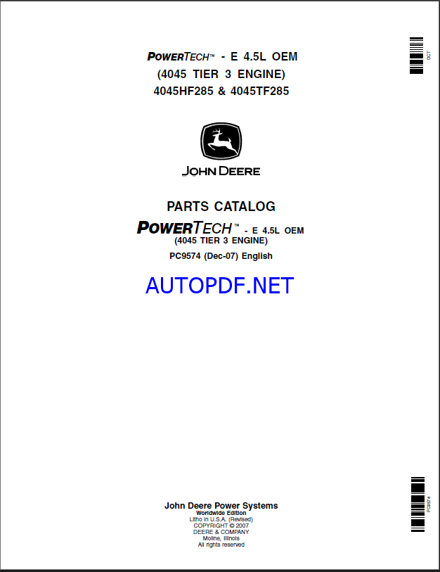John Deere POWERTECH E 4.5L OEM (4045 TIER 3 ENGINE) PC9574 (Dec-07) English Parts Catalog
