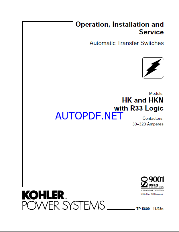 Kohler HK and HKN with R33 Logic Automatic Transfer Switches Operation, Installation and Service Manual (tp5609)