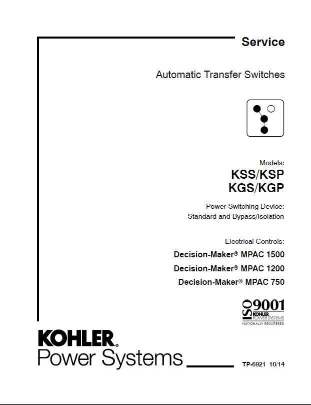 Kohler KSS, KSP, KGS, KGP Automatic Transfer Switches Service Manual (tp6921)