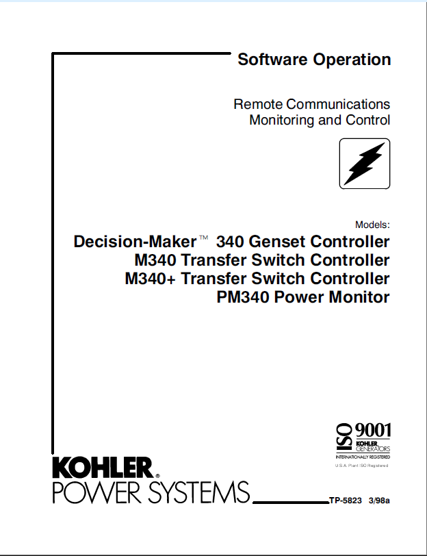 Kohler M340, M340+ Transfer Switch Controller, PM340 Power Monitor Remote Communications Monitoring and Control Software Operation(tp5823)