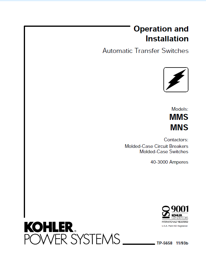 Kohler MMS, MNS Automatic Transfer Switches Operation and Installation Manual (tp5658)