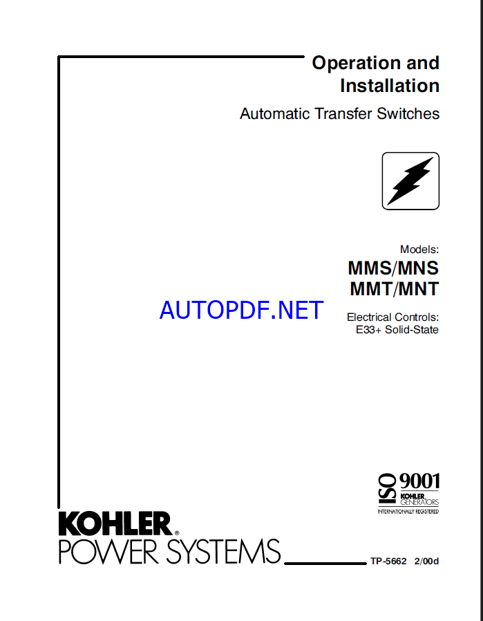 Kohler MMS, MNS, MMT, MNT Automatic Transfer Switches Operation and Installation Manual (tp5662)