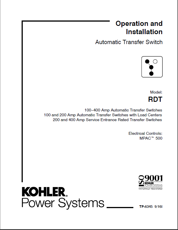 Kohler RDT Switches Operation and Installation Manual (tp6345)