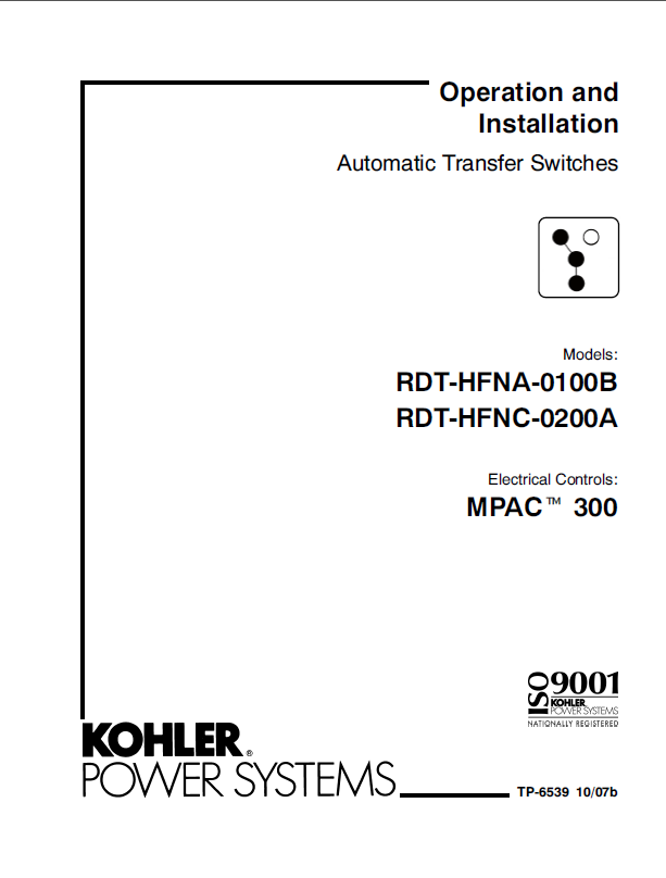 Kohler RDT-HFNA-0100B, RDT-HFNC-0200A Automatic Transfer Switches Operation and Installation Manual (tp6539)