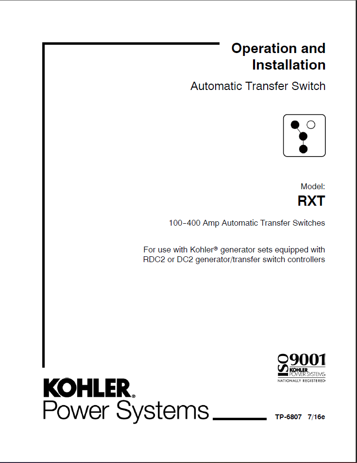 Kohler RXT Automatic Transfer Switch Operation and Installation Manual (tp6807)