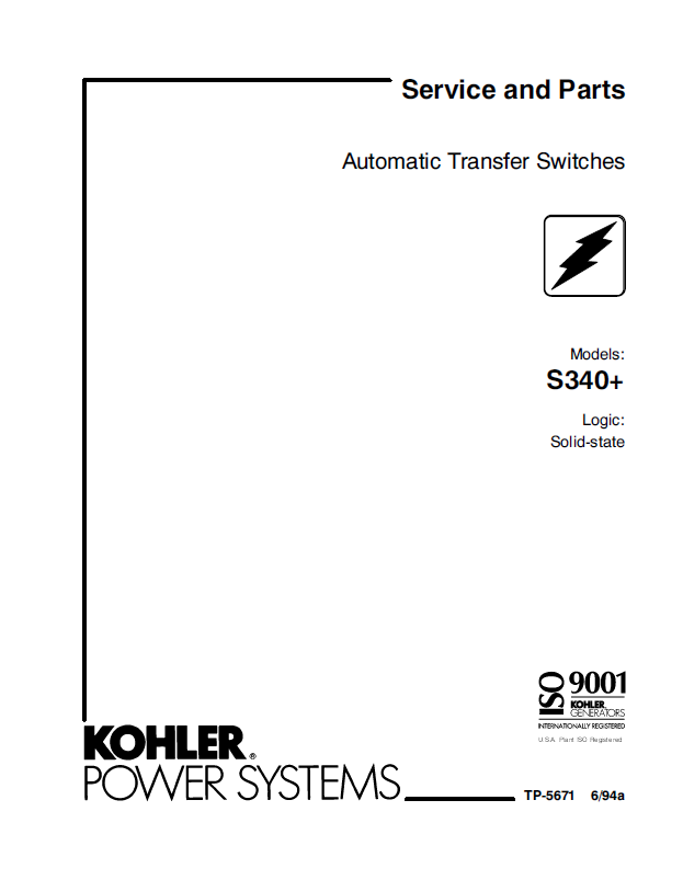 Kohler S340+ Automatic Transfer Switches Service and Parts Manual (tp5671)
