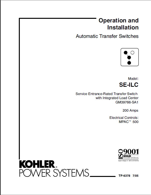 Kohler SE-ILC Automatic Transfer Switches Operation and Installation Manual (tp6378)