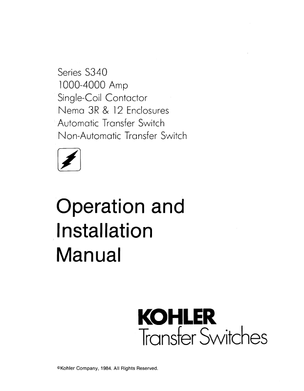 Kohler Series S3450 1000-4000 Amp Single-Coil Contactor Nema 3R, 12 Enclosures Operation and Installation Manual (tp5089)